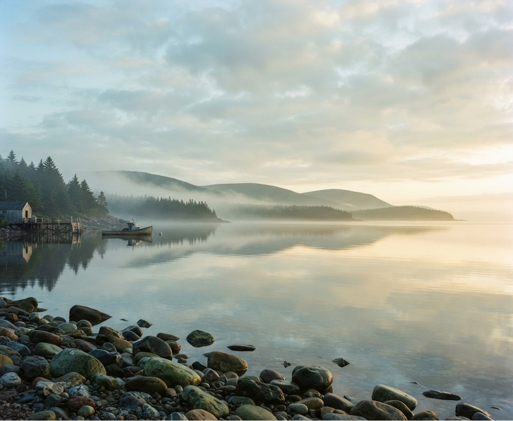 Tranquil Nova Scotia coastline at dawn with calm reflective water