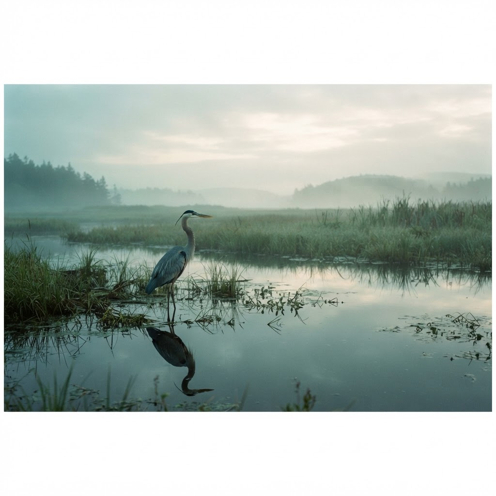 A great blue heron standing in calm, misty coastal marsh water at dawn